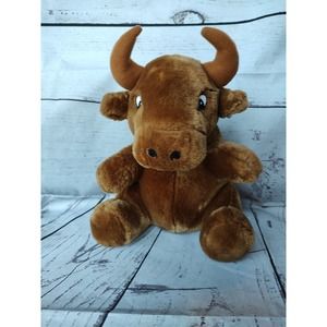 11 Inches LOGO BEAR LONG HORN BULL PLUSH STUFFED ANIMAL BROWN TOY SITTING